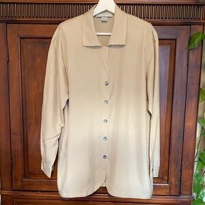 Weathervane 100% silk long tunic style blouse light taupe grey buttons Size M